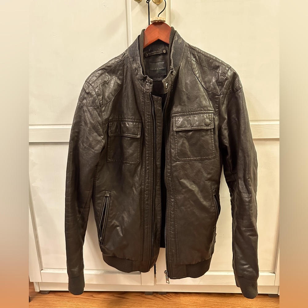 ZARA brown faux leather bomber jacket